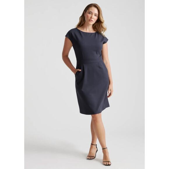 quince ultra-stretch ponte cap sleeve dress navy - Picture 1 of 3